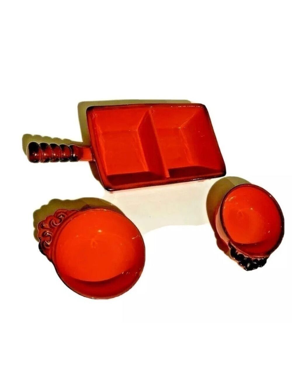 vintage Metlox Poppy Trail Red Rooster 2 Bowls and Pan with Handle Set